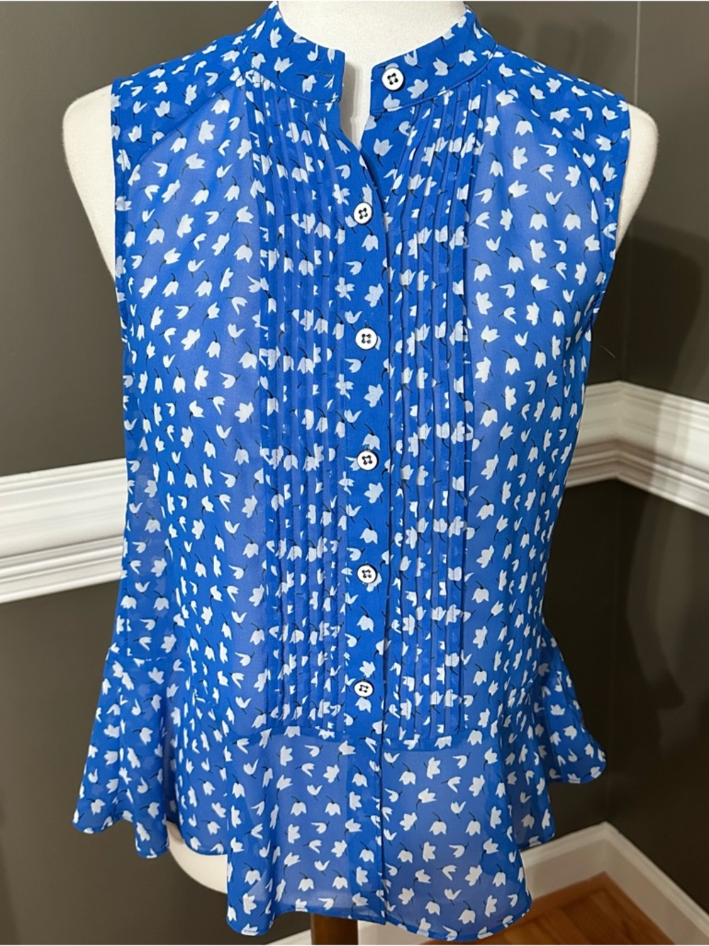 CAbi Royal Blue Sleeveless Pintuck Button-Front Blouse